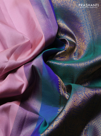 Pure Kanchipuram Silk Saree pastel pink and dual tone bluish green with zari woven buttas and rich zari woven border
