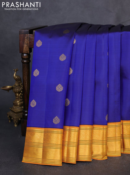 Pure Kanchipuram Silk Saree blue and mustard yellow with zari woven buttas and rich zari woven border