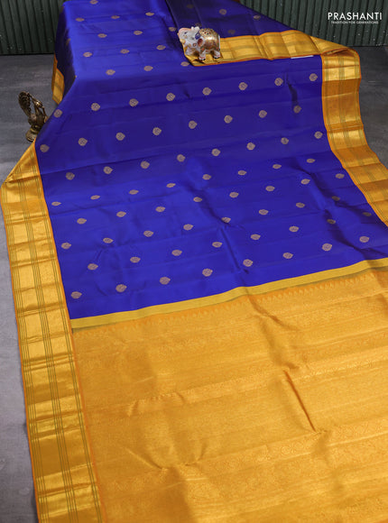 Pure Kanchipuram Silk Saree blue and mustard yellow with zari woven buttas and rich zari woven border