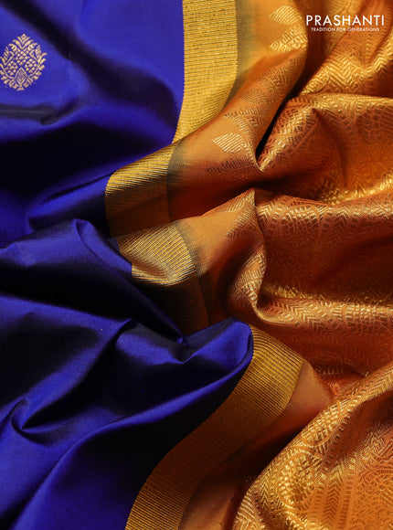 Pure Kanchipuram Silk Saree blue and mustard yellow with zari woven buttas and rich zari woven border