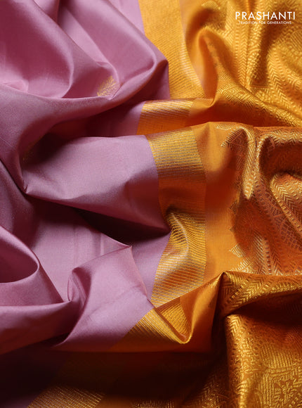 Pure Kanchipuram Silk Saree pastel pink and mustard yellow with zari woven buttas and rich zari woven border