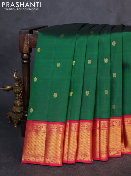 Pure Kanchipuram Silk Saree green with annam & rudhraksha zari woven buttas and ganga jamuna border
