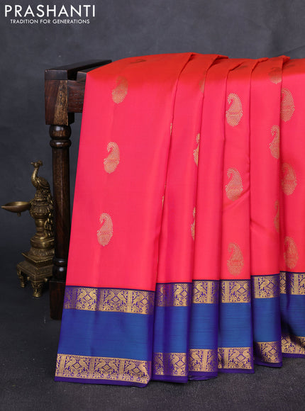 Pure Kanchipuram Silk Saree pink and blue with paisley zari woven buttas and rettapet zari woven border