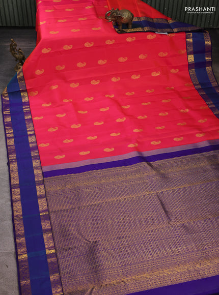 Pure Kanchipuram Silk Saree pink and blue with paisley zari woven buttas and rettapet zari woven border