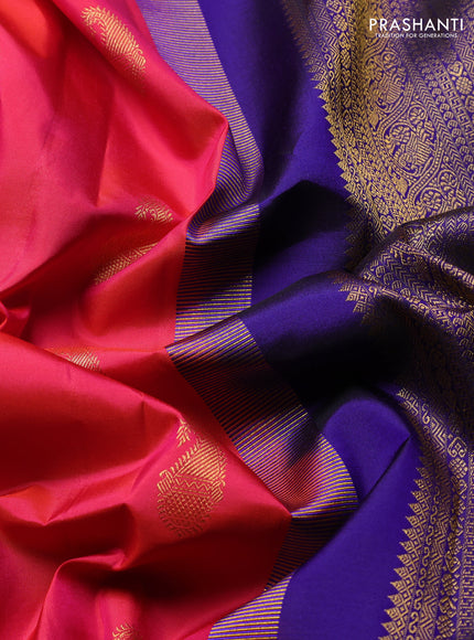 Pure Kanchipuram Silk Saree pink and blue with paisley zari woven buttas and rettapet zari woven border