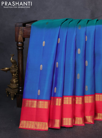 Pure Kanchipuram Silk Saree dual tone bluish green and pink with zari woven buttas and rettapet zari woven border