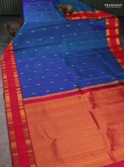 Pure Kanchipuram Silk Saree dual tone bluish green and pink with zari woven buttas and rettapet zari woven border