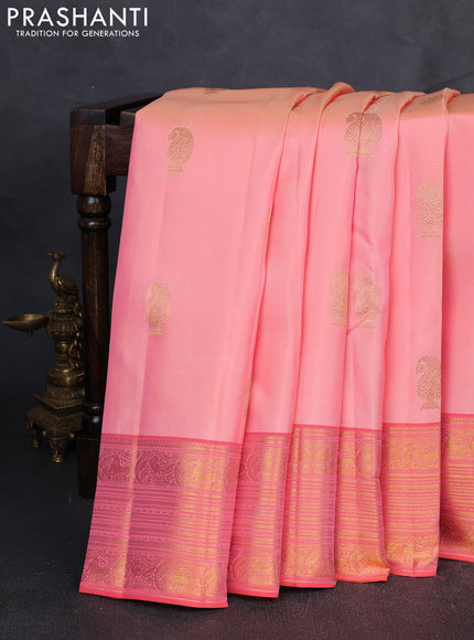 Pure Kanchipuram Silk Saree Peach and peach orange with paisley zari woven buttas and rich zari woven border