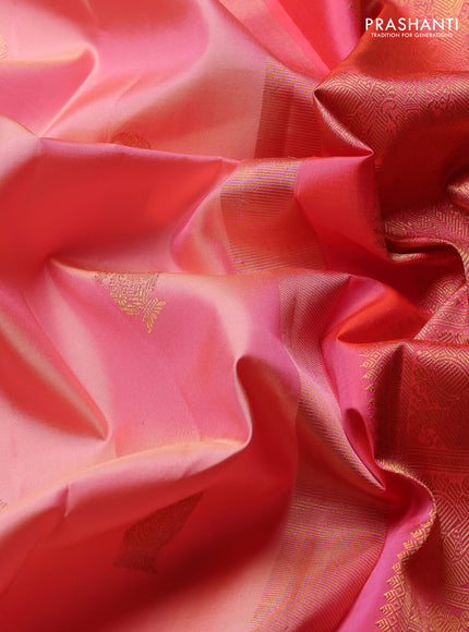 Pure Kanchipuram Silk Saree Peach and peach orange with paisley zari woven buttas and rich zari woven border
