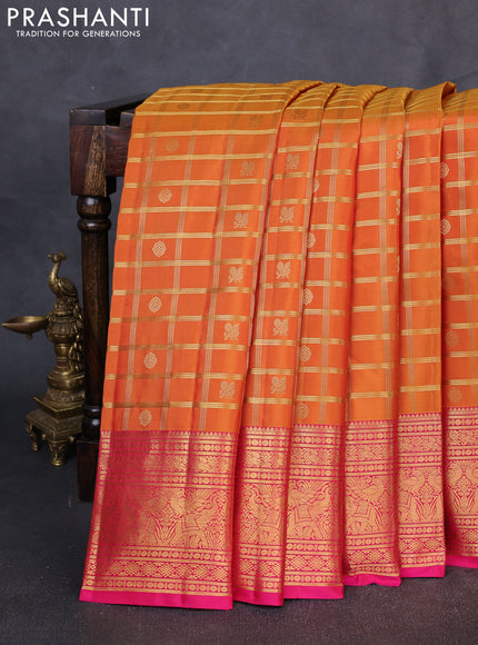 Pure Kanchipuram Silk Saree mustard yellow and pink with allover zari checks & buttas and rich zari woven border