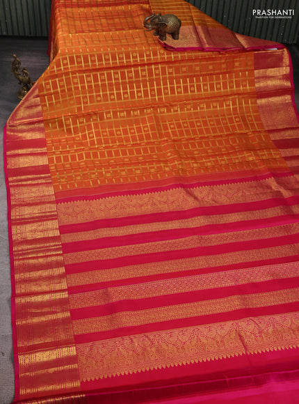 Pure Kanchipuram Silk Saree mustard yellow and pink with allover zari checks & buttas and rich zari woven border