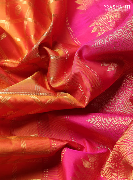 Pure Kanchipuram Silk Saree mustard yellow and pink with allover zari checks & buttas and rich zari woven border