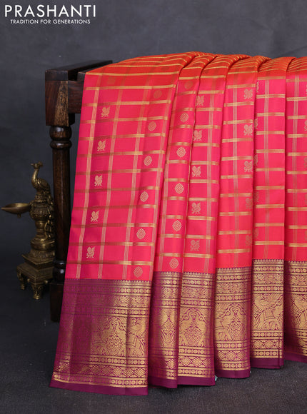Pure Kanchipuram Silk Saree dual tone pinkish orange and wine shade with allover zari checks & buttas and rich zari woven border