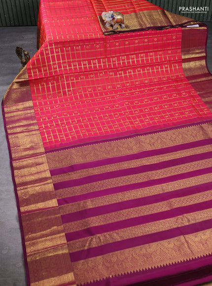 Pure Kanchipuram Silk Saree dual tone pinkish orange and wine shade with allover zari checks & buttas and rich zari woven border