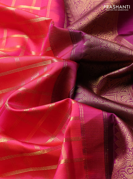 Pure Kanchipuram Silk Saree dual tone pinkish orange and wine shade with allover zari checks & buttas and rich zari woven border