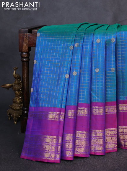 Pure Kanchipuram Silk Saree dual tone bluish green and purple with allover zari checks & buttas and rettapet zari woven border