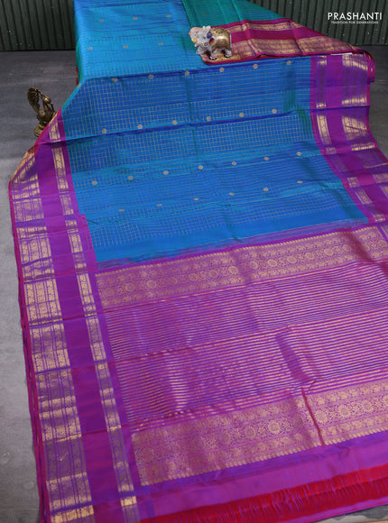 Pure Kanchipuram Silk Saree dual tone bluish green and purple with allover zari checks & buttas and rettapet zari woven border