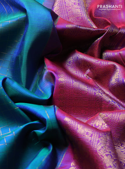 Pure Kanchipuram Silk Saree dual tone bluish green and purple with allover zari checks & buttas and rettapet zari woven border