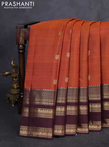 Pure Kanchipuram Silk Saree rust shade and coffee brown with allover vairaosi pattern & zari buttas and long rich zari woven border