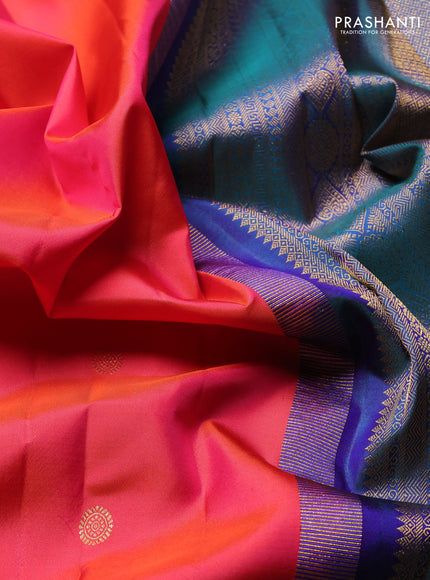 Pure Kanchipuram Silk Saree dual tone pinkish orange and dual tone blue with annam & rudhraksha zari woven buttas and rich zari woven korvai border