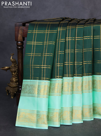 Pure Kanchipuram Silk Saree bottle green and teal green with allover zari woven checked pattern and long rettapet zari woven border
