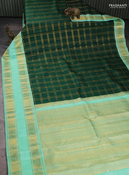 Pure Kanchipuram Silk Saree bottle green and teal green with allover zari woven checked pattern and long rettapet zari woven border