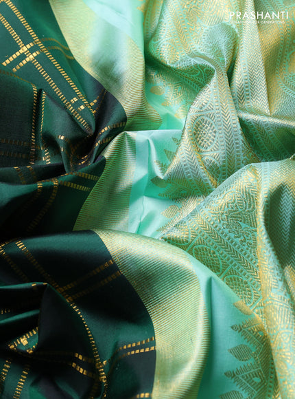 Pure Kanchipuram Silk Saree bottle green and teal green with allover zari woven checked pattern and long rettapet zari woven border