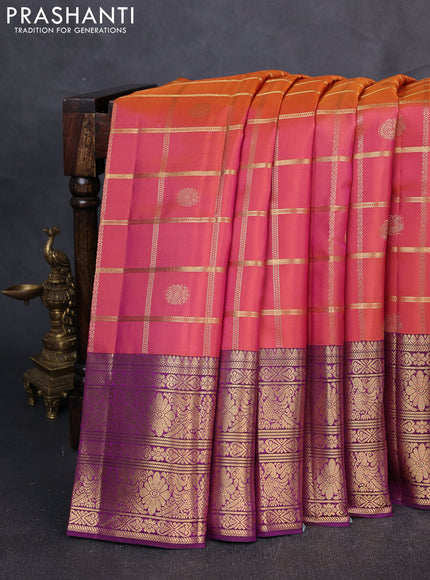 Pure Kanchipuram Silk Saree dual tone rust and purple with allover zari checks & buttas and long rich zari woven border