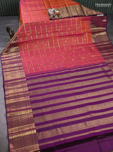 Pure Kanchipuram Silk Saree dual tone rust and purple with allover zari checks & buttas and long rich zari woven border