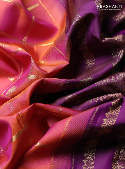 Pure Kanchipuram Silk Saree dual tone rust and purple with allover zari checks & buttas and long rich zari woven border
