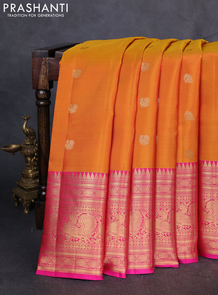 Pure Kanchipuram Silk Saree mango yellow and pink with annam & elephant zari woven buttas and long rich zari woven border