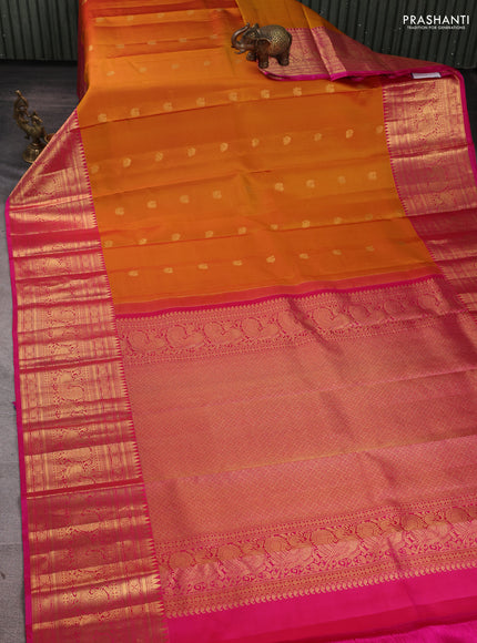 Pure Kanchipuram Silk Saree mango yellow and pink with annam & elephant zari woven buttas and long rich zari woven border