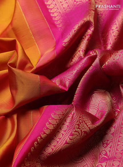 Pure Kanchipuram Silk Saree mango yellow and pink with annam & elephant zari woven buttas and long rich zari woven border