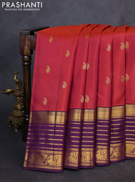 Pure Kanchipuram Silk Saree dual shade of maroon and deep violet with paisley zari woven buttas and long zari woven border