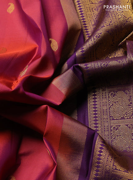 Pure Kanchipuram Silk Saree dual shade of maroon and deep violet with paisley zari woven buttas and long zari woven border