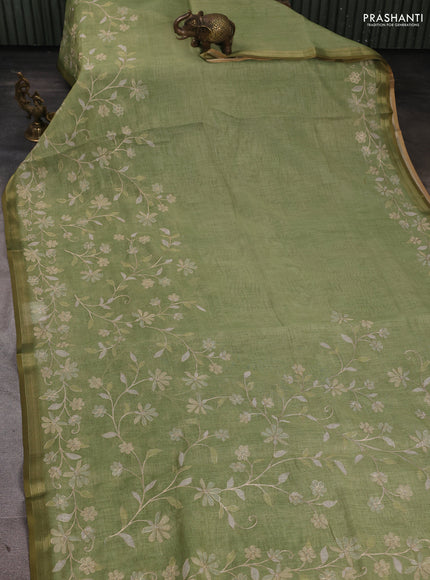 Linen Cotton Saree light green with allover embroidery work and zari woven border