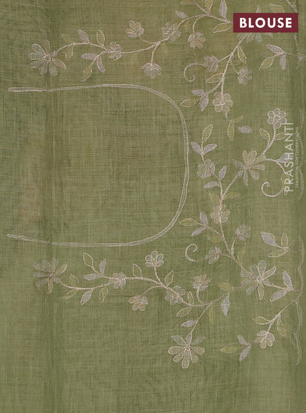 Linen Cotton Saree light green with allover embroidery work and zari woven border