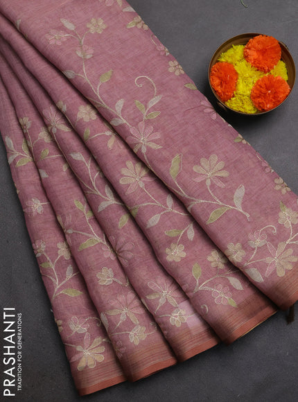 Linen Cotton Saree pastel pink with allover embroidery work and zari woven border