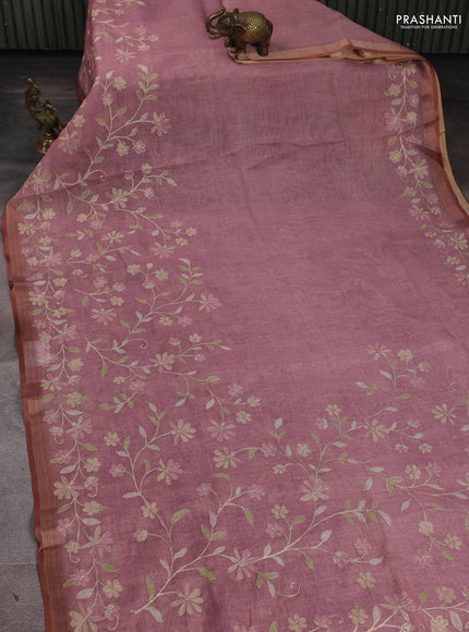 Linen Cotton Saree pastel pink with allover embroidery work and zari woven border