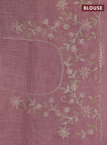 Linen Cotton Saree pastel pink with allover embroidery work and zari woven border
