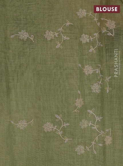 Linen Cotton Saree light green with allover embroidery work and zari woven border