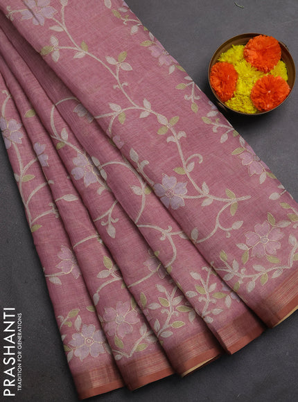 Linen Cotton Saree pastel pink with allover embroidery work and zari woven border