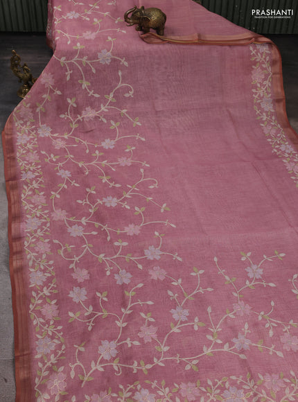 Linen Cotton Saree pastel pink with allover embroidery work and zari woven border