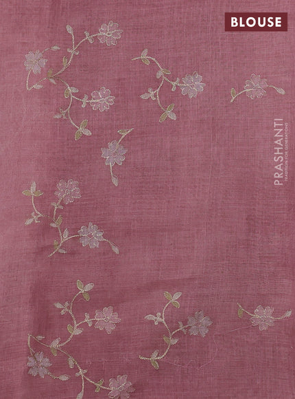 Linen Cotton Saree pastel pink with allover embroidery work and zari woven border