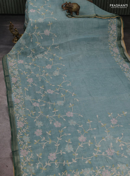 Linen Cotton Saree teal green shade with allover embroidery work and zari woven border