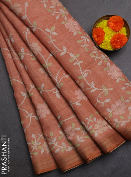 Linen Cotton Saree rust shade with allover embroidery work and zari woven border