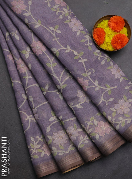 Linen Cotton Saree pastel violet with allover embroidery work and zari woven border