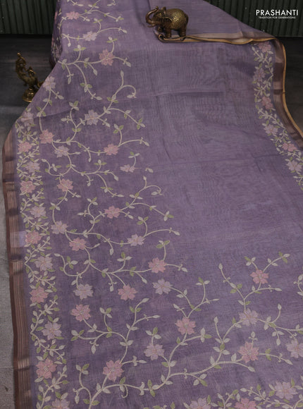 Linen Cotton Saree pastel violet with allover embroidery work and zari woven border