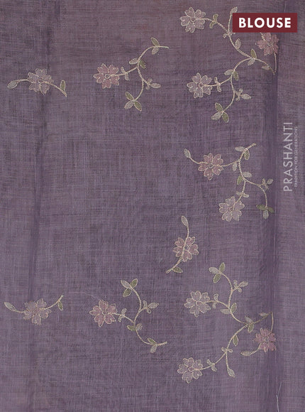 Linen Cotton Saree pastel violet with allover embroidery work and zari woven border