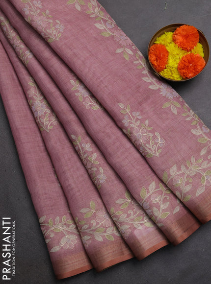Linen Cotton Saree pastel pink with allover embroidery work and zari woven border